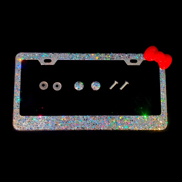 Dazzling Bling license plate frame with silver big chunky glitter and big red kitty bow clear handmade diamond holder screw caps bedazzled