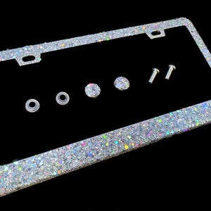 Dazzling Bling license plate frame silver big glitter clear made in usa handmade diamond holder screw caps bedazzled number plate