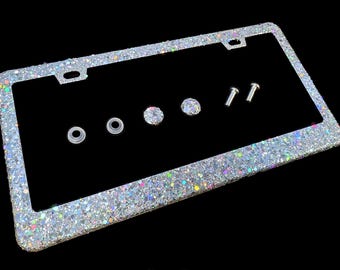 Dazzling Bling license plate frame silver big glitter clear made in usa handmade diamond holder screw caps bedazzled number plate