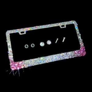 Handmade Bling License Plate Frame: Silver Glitter, Rose Pink Rhinestone