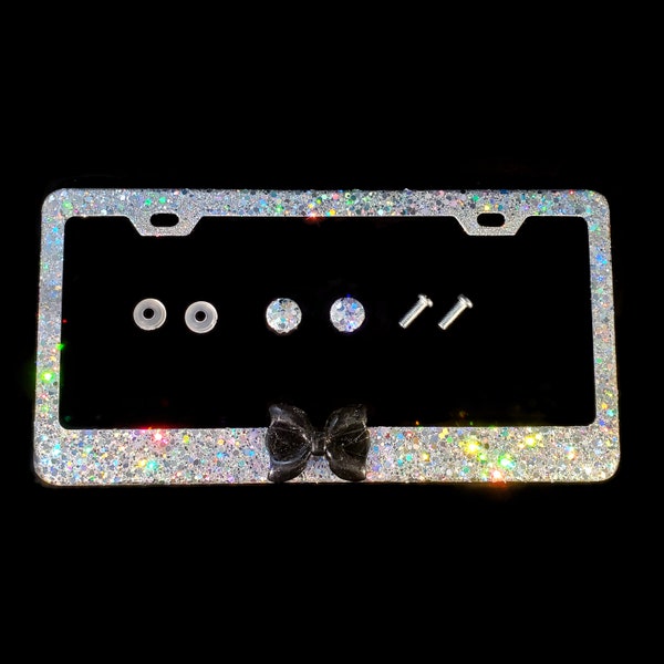 Dazzling Bling license plate frame with big chunky silver glitter and glittery black bow clearwhite diamond holder screw caps bedazzled
