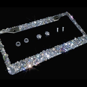3D Bling license plate frame AB clear crystals handmade in America diamond rhinestone holder anti theft screw caps bedazzled cover for women