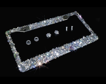 3D Bling license plate frame AB clear crystals handmade in America diamond rhinestone holder anti theft screw caps bedazzled cover for women