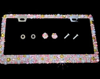 Giant baby pink peach pearls bling license plate frame with gold rhinestones and white pearls handmade cover gift for her women girl