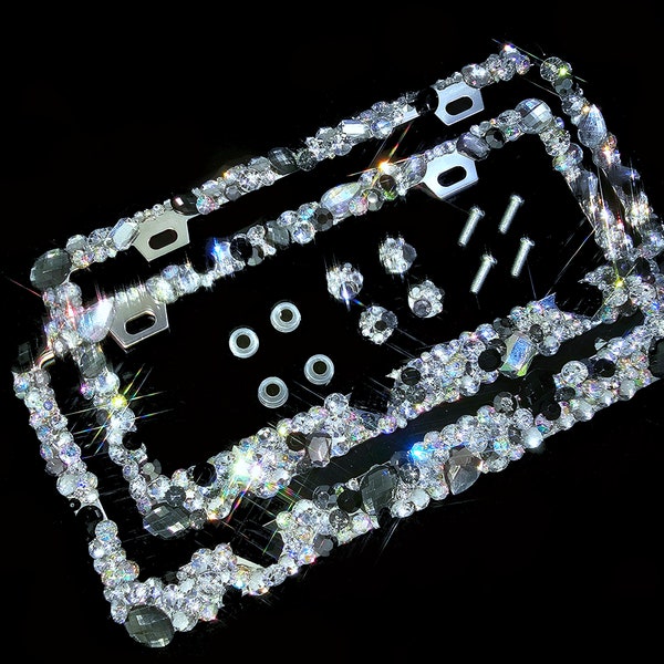 2 3D Bling license plate frames with Clear AB, gray, and black crystals hand made in America diamond rhinestones anti theft screw caps