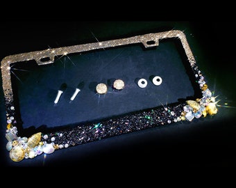 Handmade Ombre Bling License Plate Frame: Black & Gold Glitter Crystals
