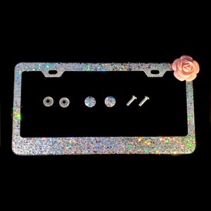 Handmade Silver Glitter License Plate Frame: Pink Flower Bling