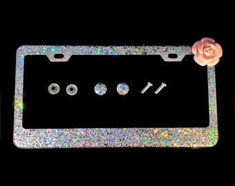 Handmade Silver Glitter License Plate Frame: Pink Flower Bling