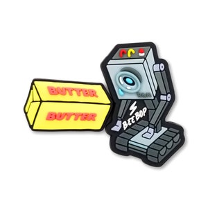 Puede incluir: Un pin de esmalte amarillo y rojo con un robot con el texto "BEE BOP" y una barra de mantequilla con el texto "BUTTER" en él.