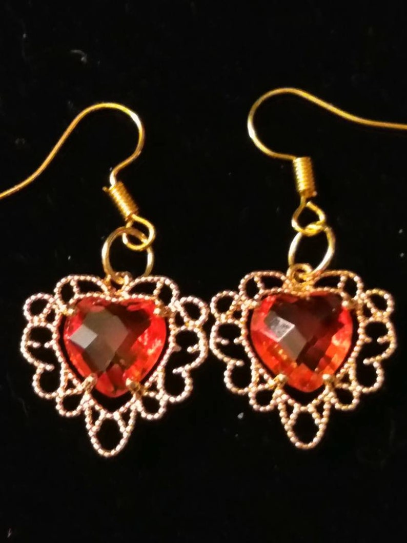 Red faceted crystal heart earrings