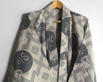 Men's yukata (summer kimono) - Japanese vintage - 100% cotton - Kabuki theatre motif, "kumadori" - beige - WhatsForPudding #3627