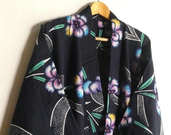 Japanese vintage yukata - women's summer cotton kimono - navy blue - floral - printed - navy blue - WhatsForPudding #3652