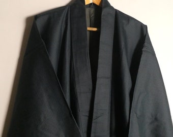 Men's kimono - Japanese vintage - light weight 100% silk - navy blue - ikat - hand-sewn - WhatsForPudding #3245