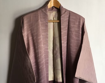 Kimono jacket - Japanese vintage - 100% silk - tie dyed - plum tree and flowing water - smoky mulberry - WhatsForPudding #2778