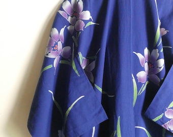Japanese vintage yukata - women's summer cotton kimono - blue - floral - hip size 34"- 39" (88-99 cm) - WhatsForPudding #3657