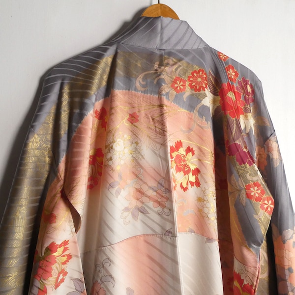 Japanese vintage kimono - 100% silk "furisode" formal - bamboo, wisteria and flying crane - printed - WhatsForPudding #3465