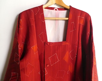 Japanese vintage kimono short coat - silk - bright terra cotta - confetti - WhatsForPudding #2743