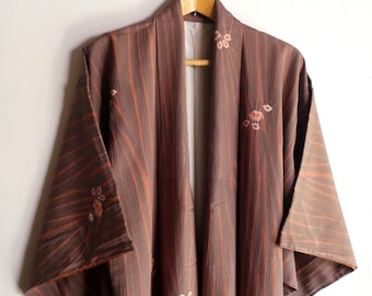 Silk kimono - Japanese vintage - tie dyed irregular stripe - pale mauve - WhatsForPudding #3234