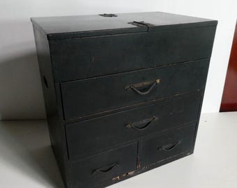 Vanity chest - Japanese antique - wooden chest - 1 flap top compartment and 4 drawers - black - WhatsForPudding #1732