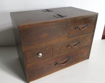 Vanity chest - Japanese antique - wooden chest - a flap top compartment, 4 drawers and 1 hidden drawer - WhatsForPudding #2949