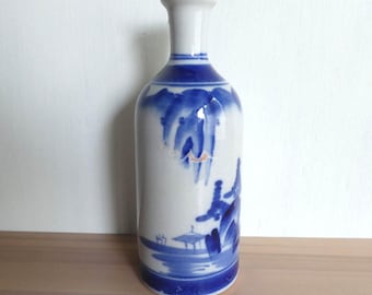 Porcelain vase - Japanese antique - sake serving bottle - hand painted landscape sea shore - WhatsForPudding #3979