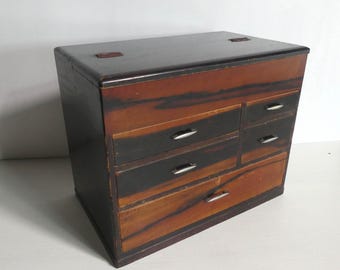 Sewing chest - Japanese vintage - wooden chest - 5 drawers, and a flap top compartment - WhatsForPudding #3863