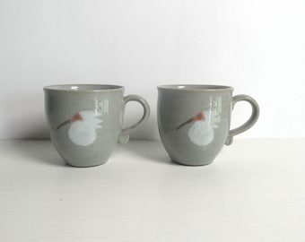Ceramic tea/coffee cups - Japanese vintage - set of 2 - crested ibis - family studio pottery - WhatsForPudding #3950