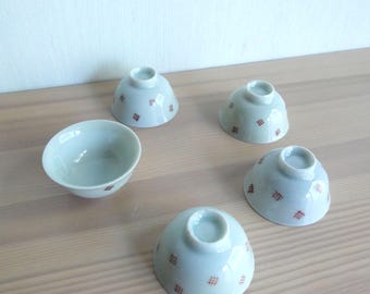 Japanese vintage porcelain sake cups - set of 5 - ikat fabric pattern - hand painted - very pale olive green - WhatsForPudding #3871