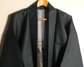 Men's kimono jacket - Japanese vintage - light weight 100% silk - navy blue - ikat - hand-sewn - WhatsForPudding #3246