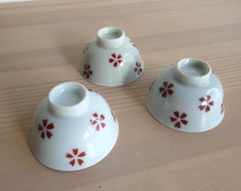 Japanese vintage porcelain sake cups - set of 3 - cherry blossom pattern - shot glass size tiny cups - WhatsForPudding #3870
