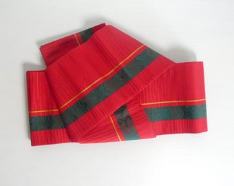 Casual obi sash - Japanese vintage - 100% silk  - woven red and dark green stripe  - WhatsForPudding #2115