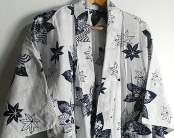 Japanese vintage yukata - women's summer cotton kimono - maple leaf - hip size 35"- 40" (89-100 cm) - note the stains WhatsForPudding #3649