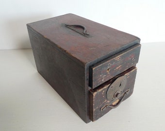 Antique wooden cash box with 2 drawers - Japanese antique - hand forged handles - made in late 1800s- WhatsForPudding #3714