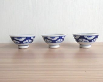 Japanese vintage porcelain sake cups - set of 3 - pine branches and plum blossoms - hand painted - WhatsForPudding #3473