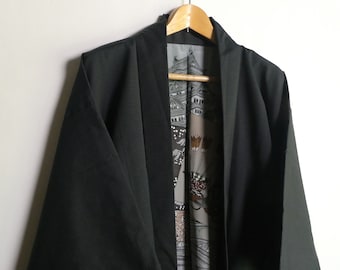 RESERVED for E - Men's kimono jacket - Japanese vintage - crispy silk - navy blue - WhatsForPudding #3208
