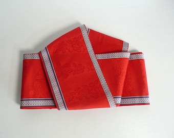 Casual obi sash - Japanese vintage - silk sash made in Hakata - floral - vermillion - WhatsForPudding #2117