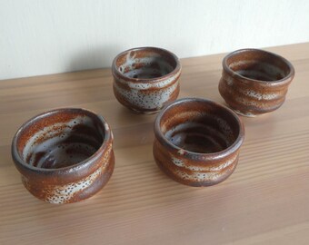 Japanese vintage ceramic sake cups - set of 4 - burnt terra cotta - shot glass size - Shino ware - WhatsForPudding #3874