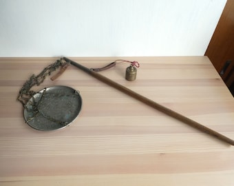 Beam balance scale - Japanese antique - wooden beam - leather straps - metal chains - one weight - WhatsForPudding #3398