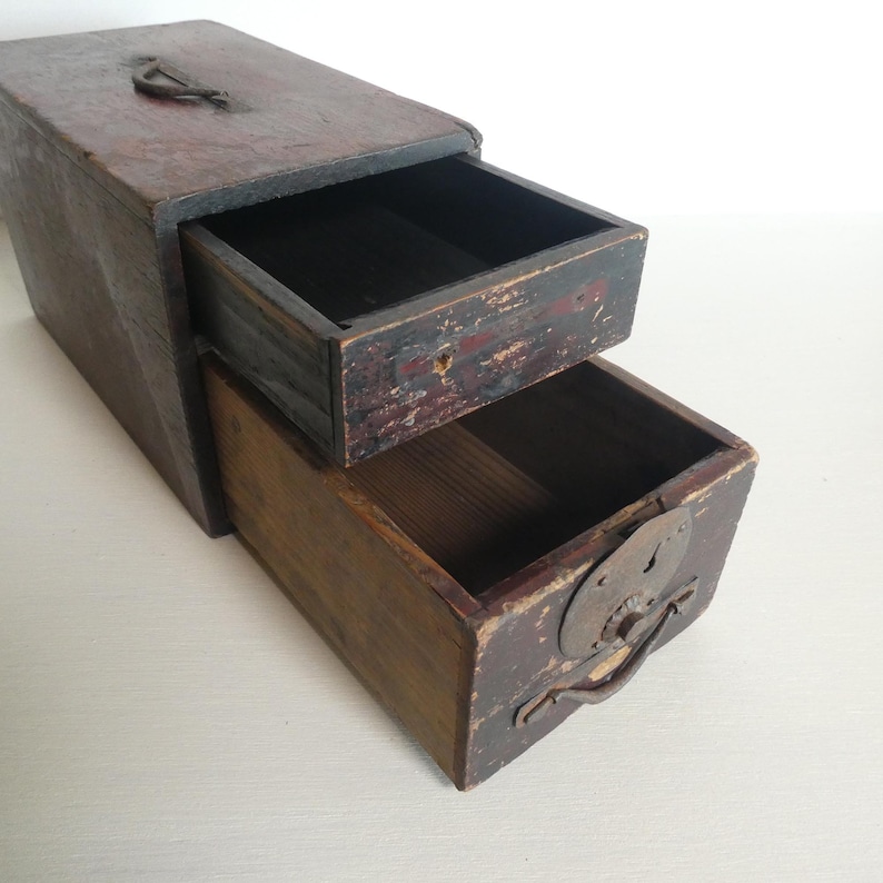 Antique Wooden Cash Box With 2 Drawers - Japanese Antique - Hand Forged ...