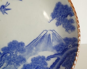 Porcelain plate - Japanese antique - blue - transfer ware - Mt. Fuji, pine trees and flying cranes - WhatsForPudding #3712