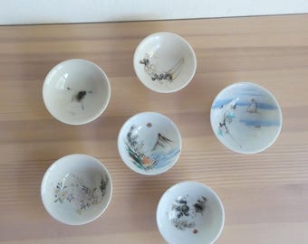 Japanese vintage porcelain sake cups - set of 6 - instant sake cup collection - hand painted landscape and flowers- WhatsForPudding #3886