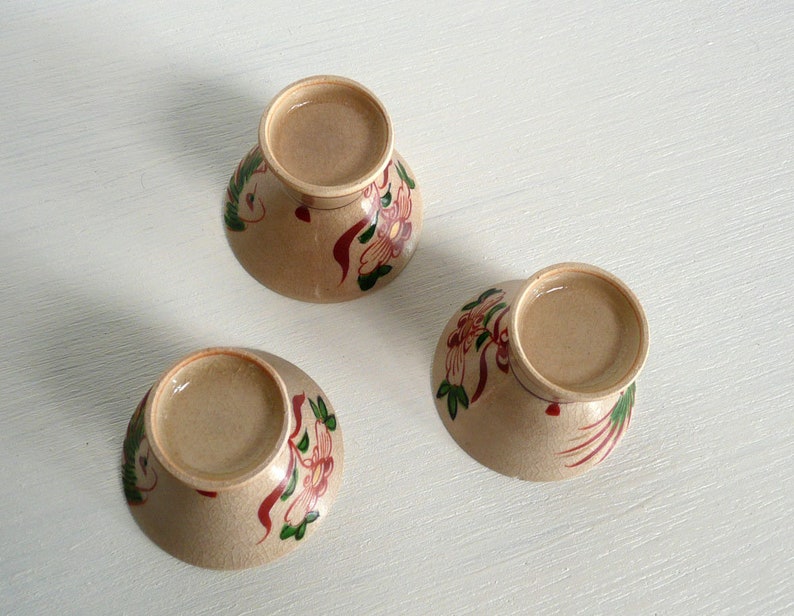 hand painted Kutani ware Sake serving set WhatsForPudding #2687 birds and flowers 2 bottles and 3 cups Japanese vintage