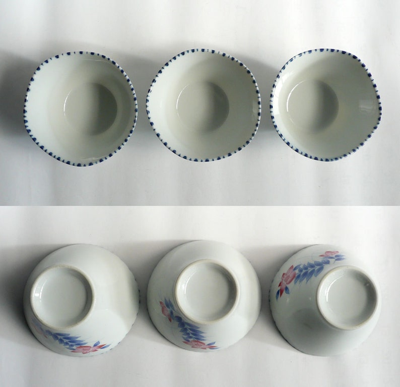 set of 3 WhatsForPudding #1154 Japanese vintage porcelain bowls RESERVED for R pink balloon flowers