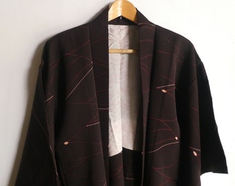 Kimono jacket - Japanese vintage - silk - rolling hills - dark chocolate - WhatsForPudding #3023