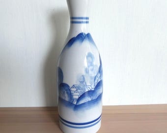 Porcelain vase - Japanese antique - sake serving bottle - hand painted landscape - WhatsForPudding #3978