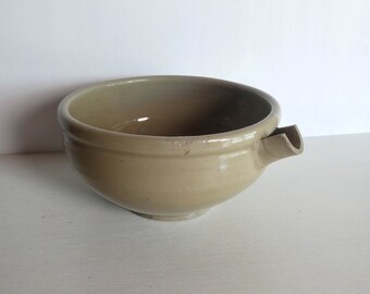 Ceramic mixing bowl - Japanese antique - bowl with a spout - olive - country kitchen - vintage kitchen - WhatsForPudding #3358