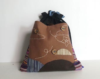 Casual kimono purse - Japanese vintage - drawstring purse - hand embroidered patches - WhatsForPudding #3629