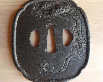 Sward guard, tsuba - Japanese antique - relief of a dragon and puffs of cloud - iron - handmade - WhatsForPudding #3921