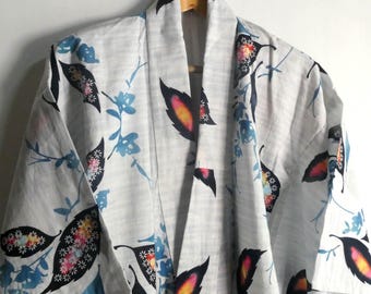 Japanese vintage yukata - women's summer cotton kimono - leaf pattern - hip size 35"- 39" (89-99 cm) - note the stains WhatsForPudding #3639