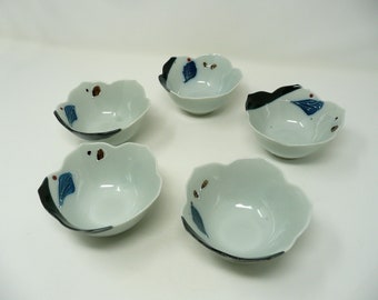 Japanese vintage porcelain bowls - set of 5 - in the shape of balloon flower - hand painted - WhatsForPudding #2958